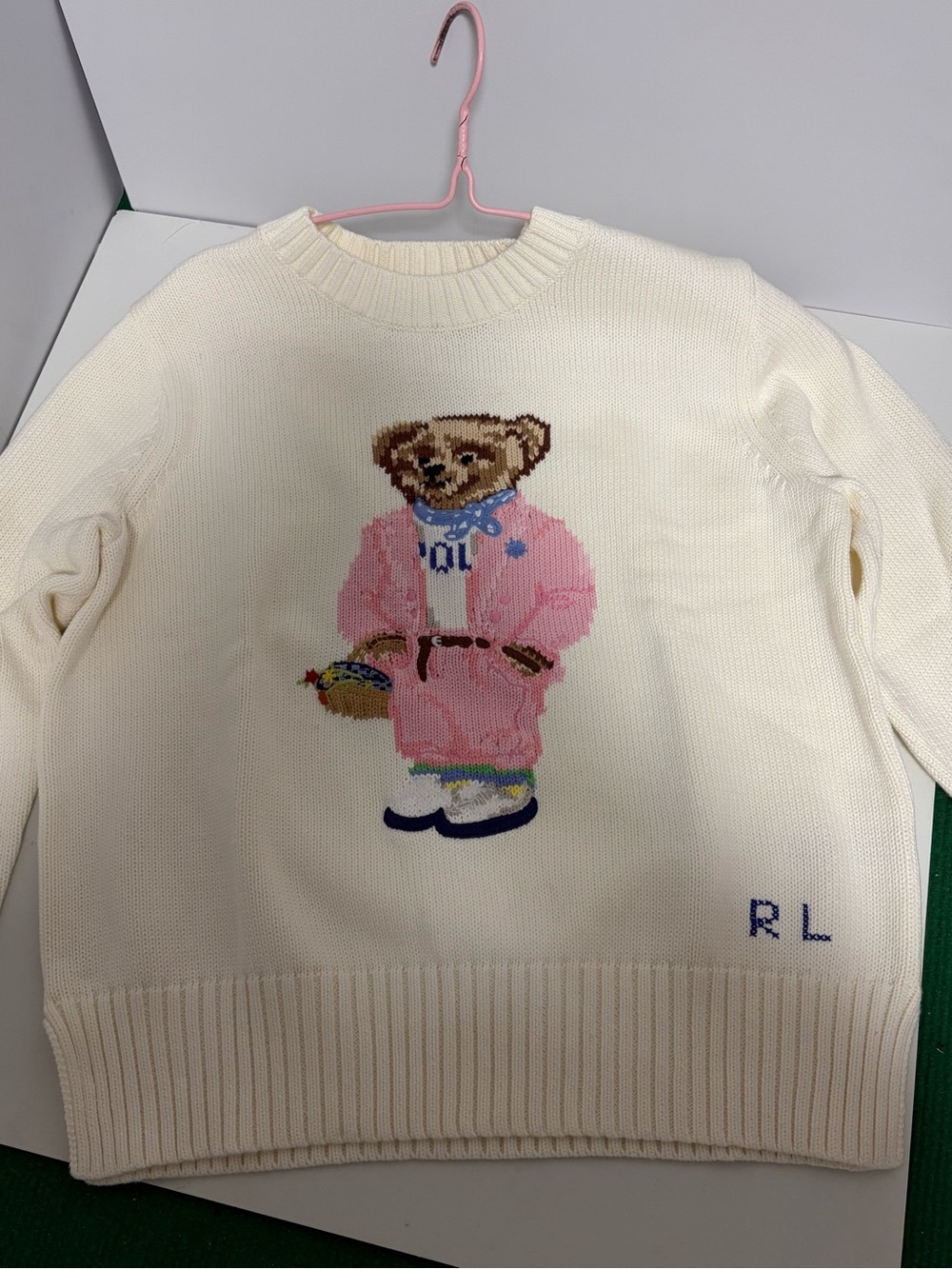 Polo by Ralph Lauren Cream Sweater with Pink Bear Motif